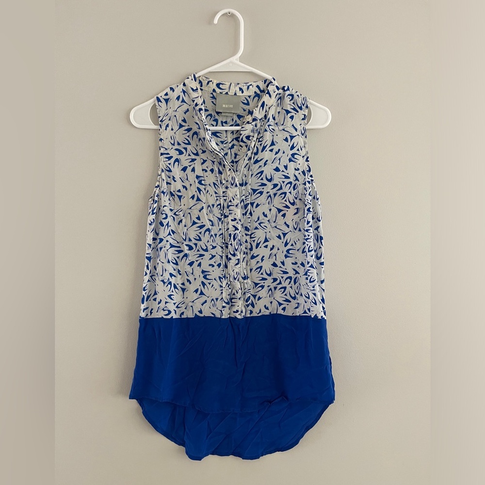 Anthropologie Maeve 100%‎ Silk Blue Sleeveless High Lo Button Blouse Size 4